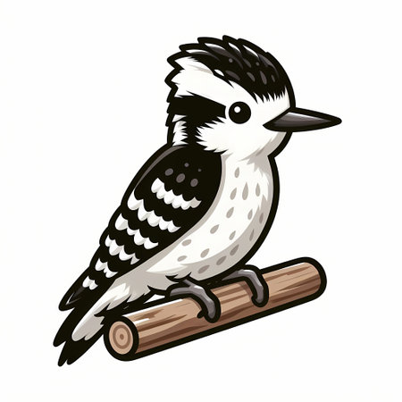 Cute cartoon bird with black and white feathers perched on a branch.の素材