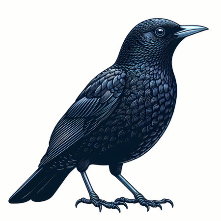 Detailed illustration of a black bird with intricate feather patterns and vibrant features.の素材
