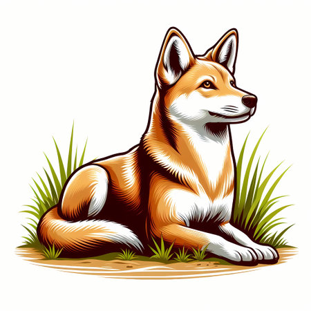 A beautifully illustrated dog in a serene pose surrounded by green grass.の素材