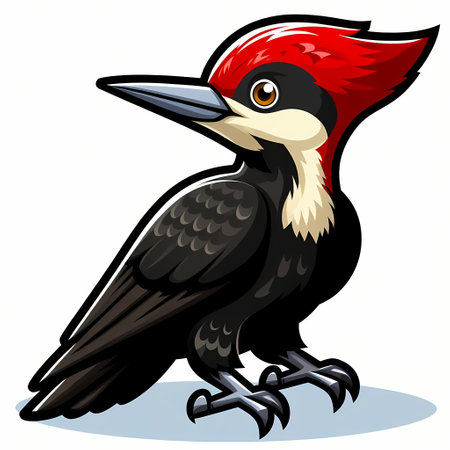 A colorful cartoon woodpecker with a striking red crown and black feathers, standing proudly.の素材