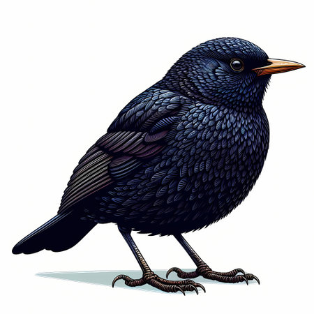 A detailed illustration of a black bird with a slender orange beak, showcasing its textured feathers.の素材