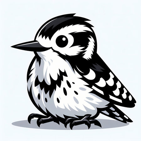 A cute stylized cartoon bird with a black and white pattern, sitting on a light background.の素材