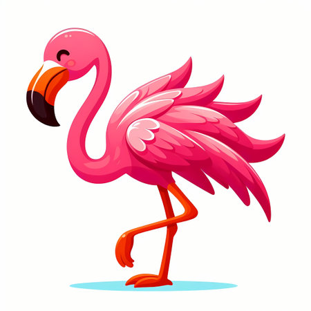 Colorful cartoon flamingo with pink feathers and a cheerful expression.の素材