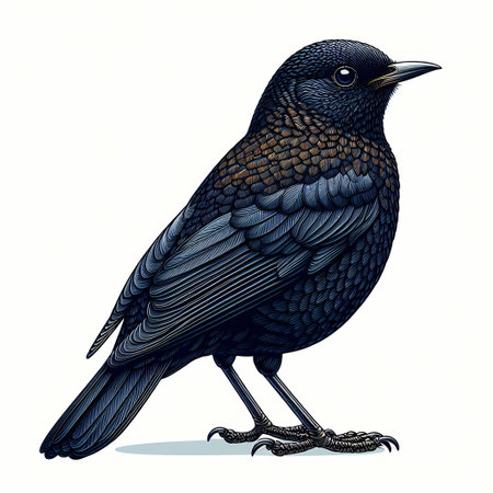 A detailed illustration of a black bird with intricate feather patterns.の素材
