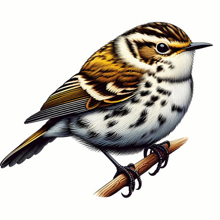 Detailed illustration of a small songbird perched on a twig.の素材