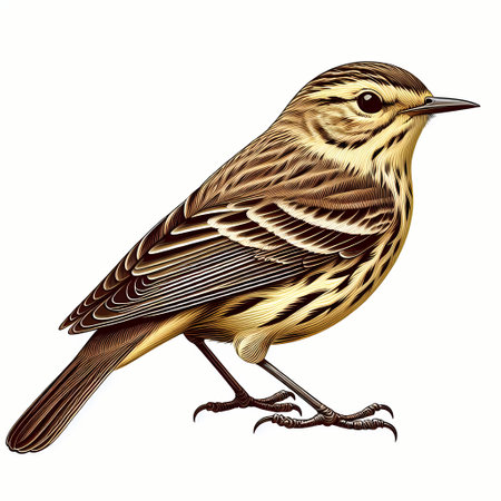 A beautifully illustrated yellow-brown songbird, showcasing intricate feather details.の素材