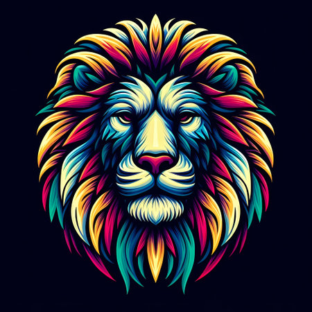 Vibrant, colorful lion illustration with intricate details and striking colors.の素材