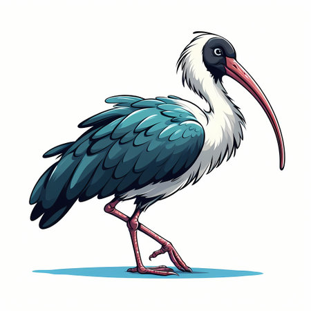 A vibrant illustration of a stork with a long beak and colorful plumage.の素材