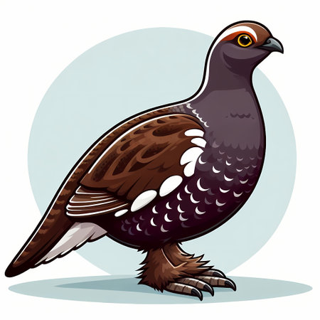 Stylized illustration of a plump bird with brown and white feathers, showcasing vibrant eyes.の素材