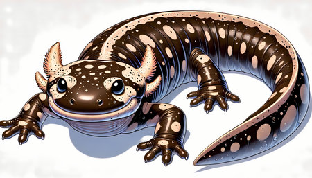 A cheerful illustrated giant salamander with distinctive patterns and a playful expression.の素材
