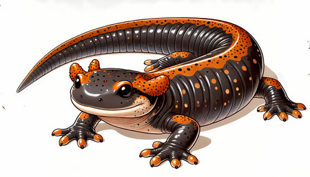 A vibrant illustration of a Chinese giant salamander with orange spots on a sleek black body.の素材