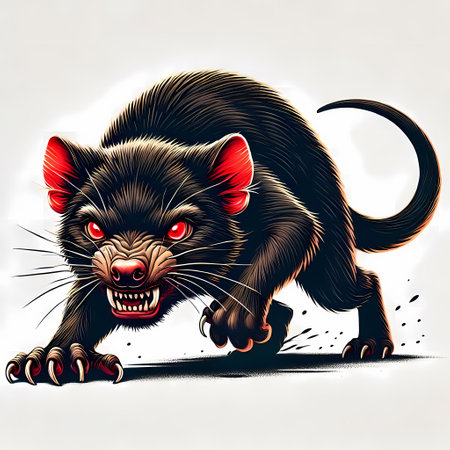Illustration of a fierce Tasmanian devil with glowing red eyes and sharp teeth.の素材