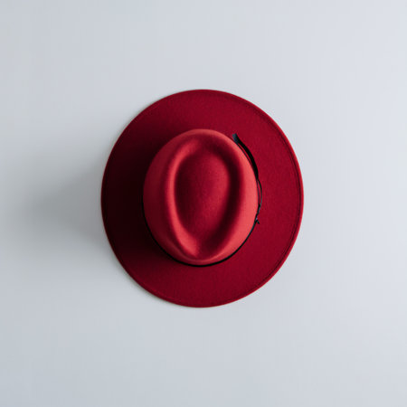 A vibrant red fedora hat positioned against a plain white background, showcasing its elegant style.の素材