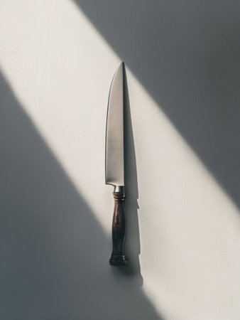 A sleek chef's knife rests on a minimalist surface, beautifully illuminated by soft natural light.の素材