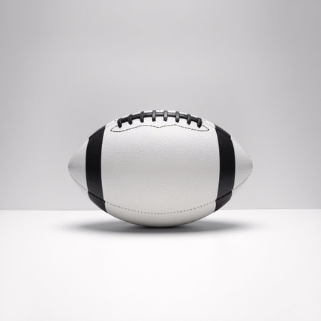 Close-up of a black and white rugby ball on a minimalist background, emphasizing its unique design.の素材
