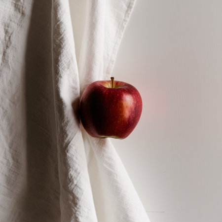A vibrant red apple perched on a white curtain, creating a striking contrast of colors and textures.の素材