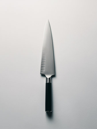 A sleek, stainless steel chef's knife with a black handle, positioned centrally on a clean, white background.の素材