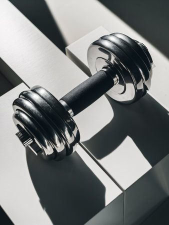 A sleek black and silver dumbbell resting on a minimalist white surface, casting dynamic shadows.の素材