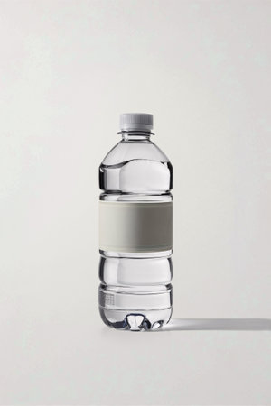 A clear plastic water bottle with a blank label, showcasing purity and simplicity.の素材