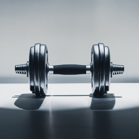 A sleek silver dumbbell with a black grip on a reflective surface, conveying strength and determination.の素材