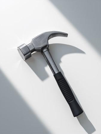 Close-up of a metallic hammer on a clean surface, showcasing its sleek design and sturdy grip.の素材