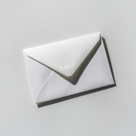 A clean, white envelope casting a soft shadow on a light gray background, symbolizing communication.の素材