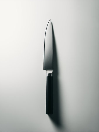 A sleek, metallic kitchen knife with a black handle, expertly illuminated against a minimalist backdrop.の素材