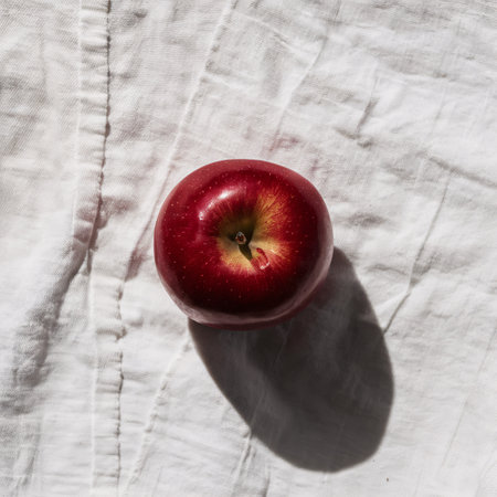 Vibrant red apple resting on a soft white fabric, showcasing its shiny surface and natural shadows.の素材
