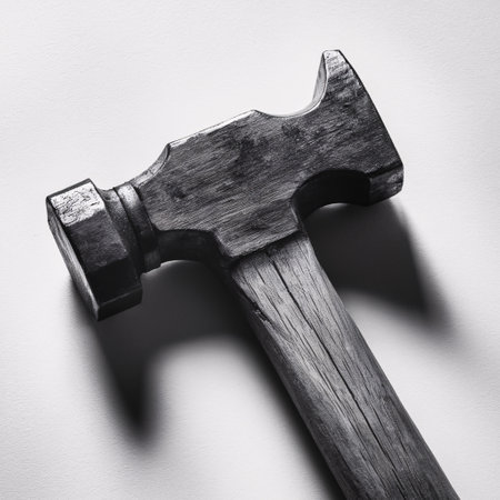 A close-up of a rustic wooden hammer casting a shadow on a light gray background.の素材