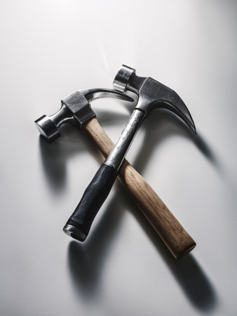 Two types of hammers resting on a smooth surface, showcasing their unique designs and materials.の素材