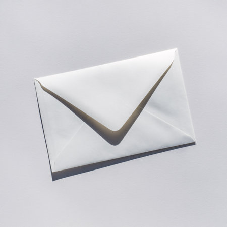 A sleek white envelope lies on a minimalist background, perfect for letters or invitations.の素材