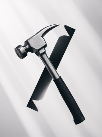 A sleek metal hammer positioned against a crisp white background, showcasing its polished finish and ergonomic grip.の素材