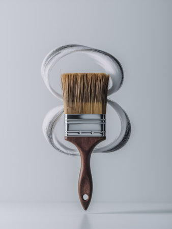 A wooden paintbrush rests against a freshly painted white circular stroke, creating an artistic effect.の素材