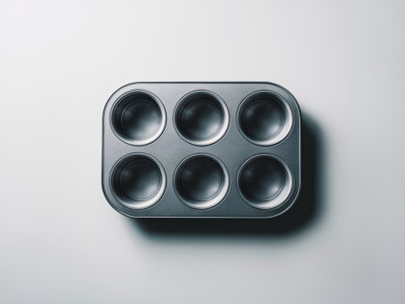 Top view of a six-cup muffin tin, perfect for baking delicious treats in a modern kitchen.の素材