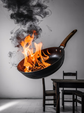 A dramatic shot of a frying pan with flames and smoke, showcasing culinary excitement in a minimalist kitchen.の素材