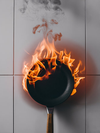 A black frying pan engulfed in bright flames against a white tiled background, creating a dramatic scene.の素材