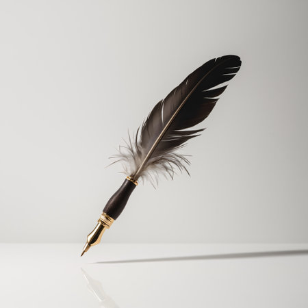 Elegant black feather quill pen with a golden nib, hovering against a minimalistic background.の素材