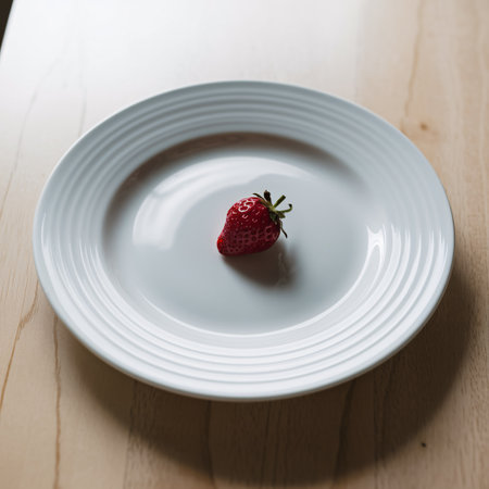 Close-up of a fresh red strawberry on a simple white plate against a wooden table.の素材