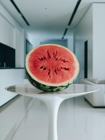A vibrant, half-cut watermelon showcases its juicy red flesh and seeds, set against a modern kitchen backdrop.の素材