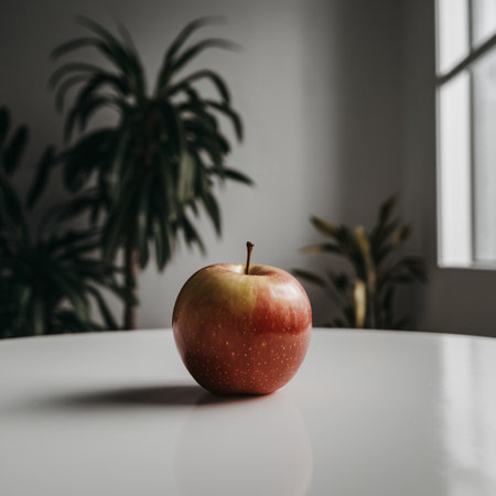 A fresh red apple sits on a white table, surrounded by lush green plants, creating a serene ambiance.の素材