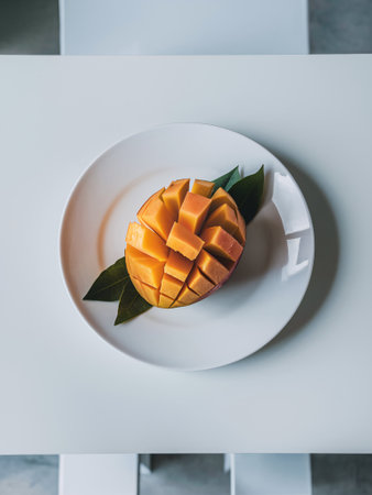 A vibrant, fresh mango sliced beautifully on a white plate, showcasing a tropical delight.の素材