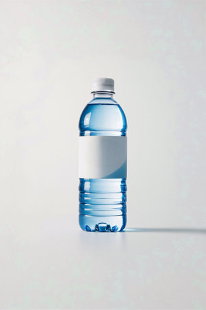 Clear plastic water bottle with a blank label against a minimalistic background.の素材