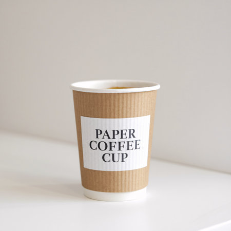A simple paper coffee cup on a clean white surface, showcasing minimalistic design.の素材