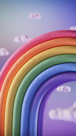 A vibrant rainbow with soft pastel colors arches against a dreamy backdrop with fluffy clouds.の素材