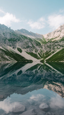 Stunning view of mountains reflecting in calm lake under a clear blue sky.の素材