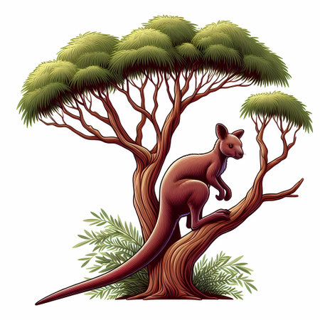 A stylized kangaroo perched on a tree branch amidst lush green foliage.の素材