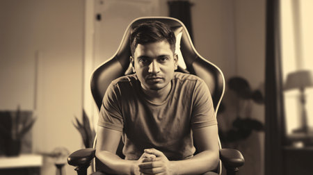 A young South Asian man sits confidently in a gaming chair, exuding determination in a softly lit room.の素材