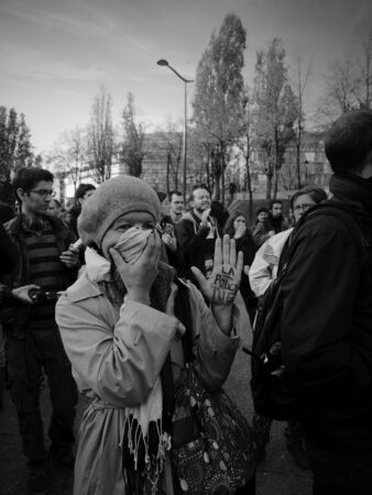 Woman against policeのeditorial素材