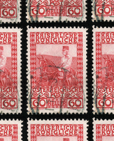 AUSTRIA - CIRCA 1908: A used postage stamp printed in Austria from "The 60th Anniversary of the Reign of Emperor Franz Josef II" issue, showing him riding a horse.のeditorial素材