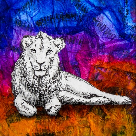 White lion drawing on colourful blue green background. Original artwork mixed media collage.の写真素材